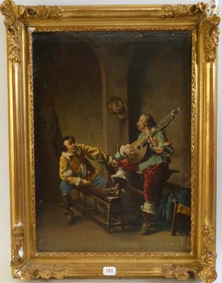 un vieux tableau représentant deux hommes jouant d'un instrument dans une pièce