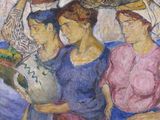 an image of a painting of a group of people holding a ball