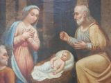 an image of a painting of a manger scene with a baby in a manger