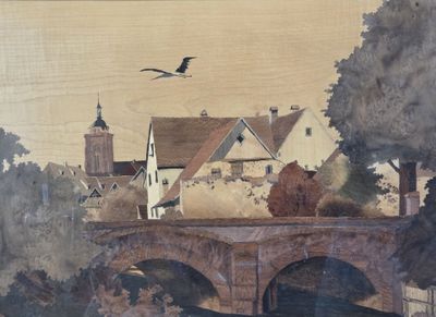 a painting of a bridge with a bird flying over it