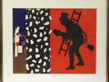 tableau représentant un homme avec une échelle et une chaise dans une pièce