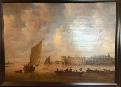 an oil painting of boats on a river with a castle in the background