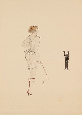 a drawing of a woman standing next to a cat