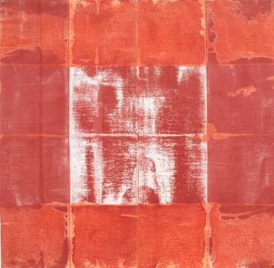 an image of a red and white painting on a brick wall
