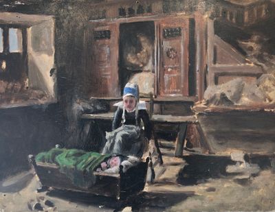 a painting of a woman sitting in a room with a dog