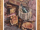 an oil painting of a basket of food and a bottle of wine