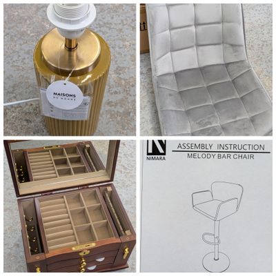 plusieurs photos d'une chaise et d'une table sur laquelle est posée une lampe