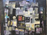 a painting of a cityscape with a clock on it
