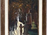 an image of a painting of a woman walking down a street