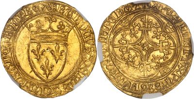 a gold coin with a crown on the front and a shield on the back