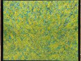 an abstract painting of a green field with a black frame