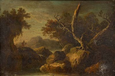 tableau représentant une rivière avec des rochers et des arbres au premier plan