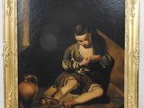 an oil painting of a woman sitting on the ground next to a vase
