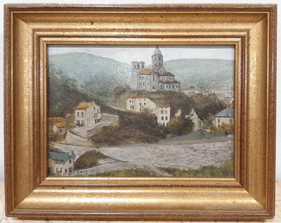 une peinture à l'huile représentant un village avec une église au sommet d'une colline