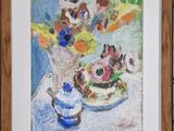 une peinture de fleurs dans un vase sur une table