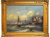 an oil painting of boats in a harbor with a castle in the background
