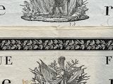 two old french currency notes with a picture of a crown on them