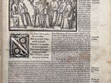 an old book with a picture of a man holding a sword