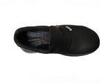 the shoe is black and has a rubber sole and a rubber outs