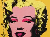 a close up of a painting of a woman ' s face on a yellow background