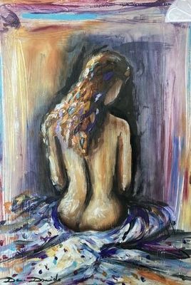 a painting of a woman sitting on a bed with her back to the camera