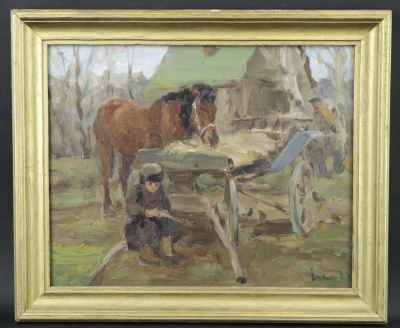 Ecole russe XXe "Enfant près de la charrette", huile sur iso…