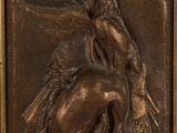 a bronze plaque depicting a horse and a bird in a wood frame