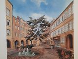 a painting of a courtyard with a fountain in the middle