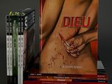 a stack of books with a picture of a woman holding a knife