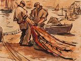 tableau représentant deux hommes tirant un bateau hors de l'eau