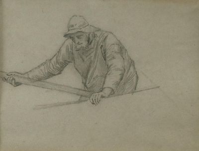 dessin au crayon représentant un homme avec une batte de baseball posée sur une table