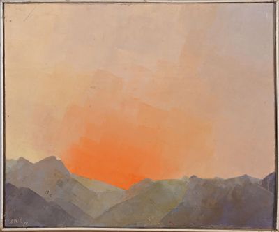 une image représentant un tableau représentant un coucher de soleil sur une chaîne de montagnes