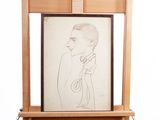 dessin représentant un homme en costume posé sur un chevalet en bois