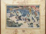 tableau représentant un groupe d'hommes jouant au baseball sur une plage