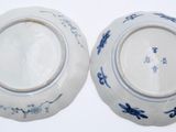 two bowls with blue flowers on them on a white surface