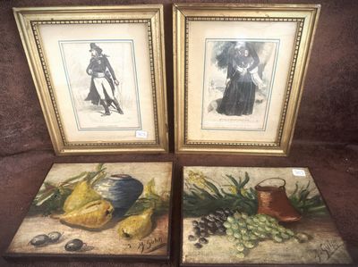 two framed pictures of fruit and a vase on a table