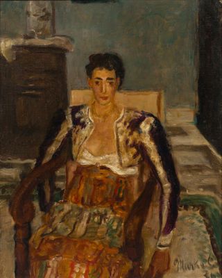 tableau représentant une femme assise sur une chaise dans une pièce