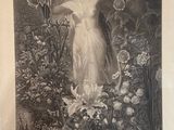 an old picture of a woman standing in a garden with flowers
