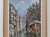 an oil painting of a street scene with a person walking down the street