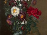 painting of flowers in a vase on a table with a brown background