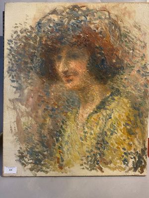an oil painting of a woman with a curly hair in a yellow dress