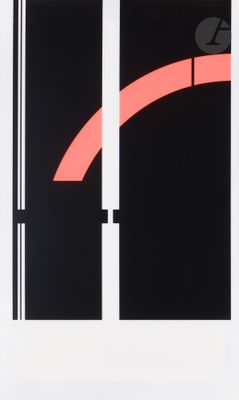 an image of a black and white poster with a red arrow