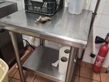 stainless steel work table in a commercial kitchen with a fire extinguisher in the background