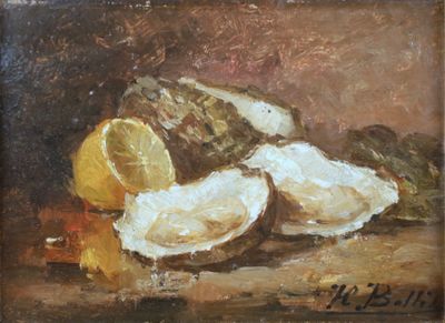 une peinture à l'huile représentant des huîtres et des citrons posés sur une table