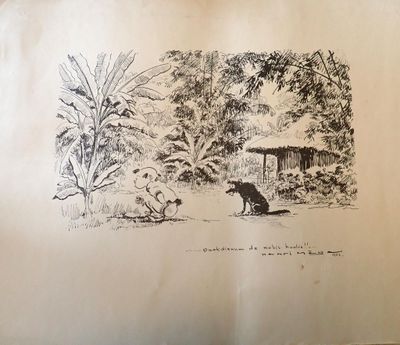 un dessin représentant un chien et un chat dans un jardin