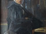 tableau représentant une femme assise sur une chaise dans une église