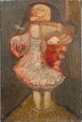 tableau représentant une femme en robe blanche tenant un ours en peluche
