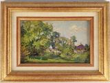 une peinture à l'huile représentant un paysage avec des arbres et des maisons en arrière-plan