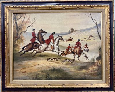 une image représentant un tableau où l'on voit un groupe d'hommes à cheval accompagnés de chiens