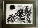 painting of a man riding a motorcycle with a sun in the background